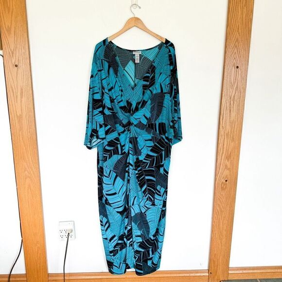 Catherines Women’s Plus Size Palm Twist-Knot Teal and Black Foliage Midi Maxi Dr - Picture 2 of 7